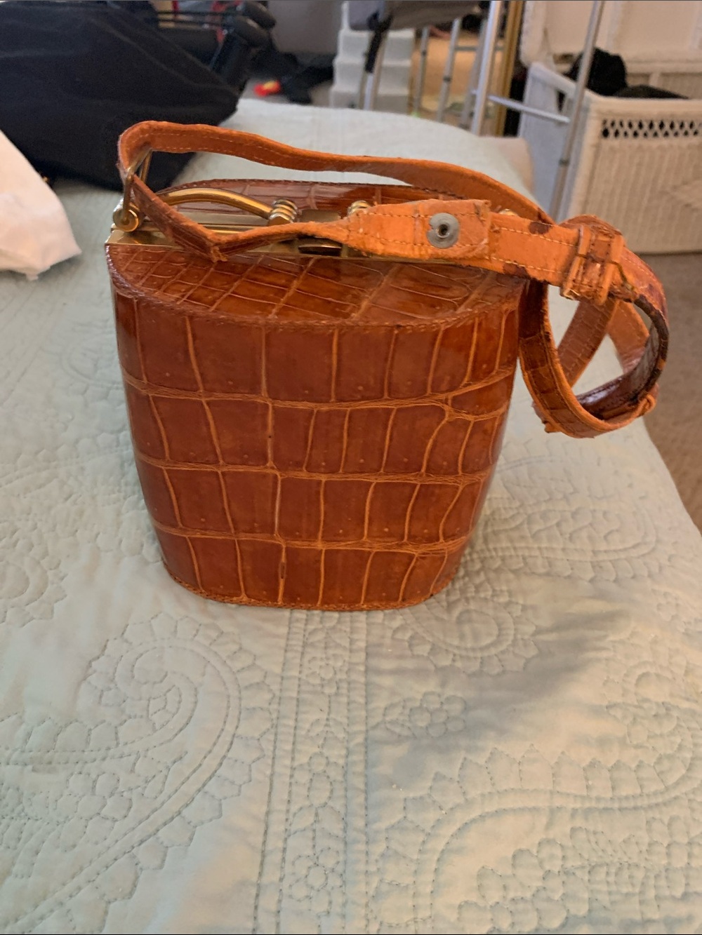 Women's authentic crocodile Barrel Shoulder Bag in Cognac. 5” by 6” vintage.